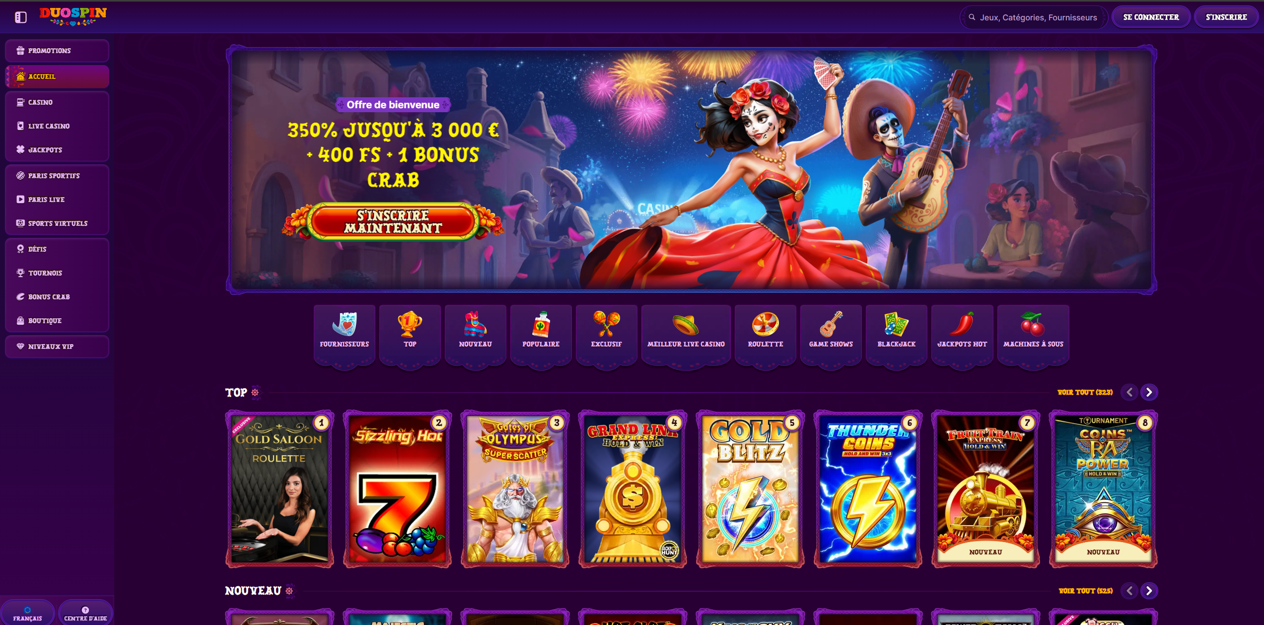 Capture d'écran de l'interface du Casino Duo Spin