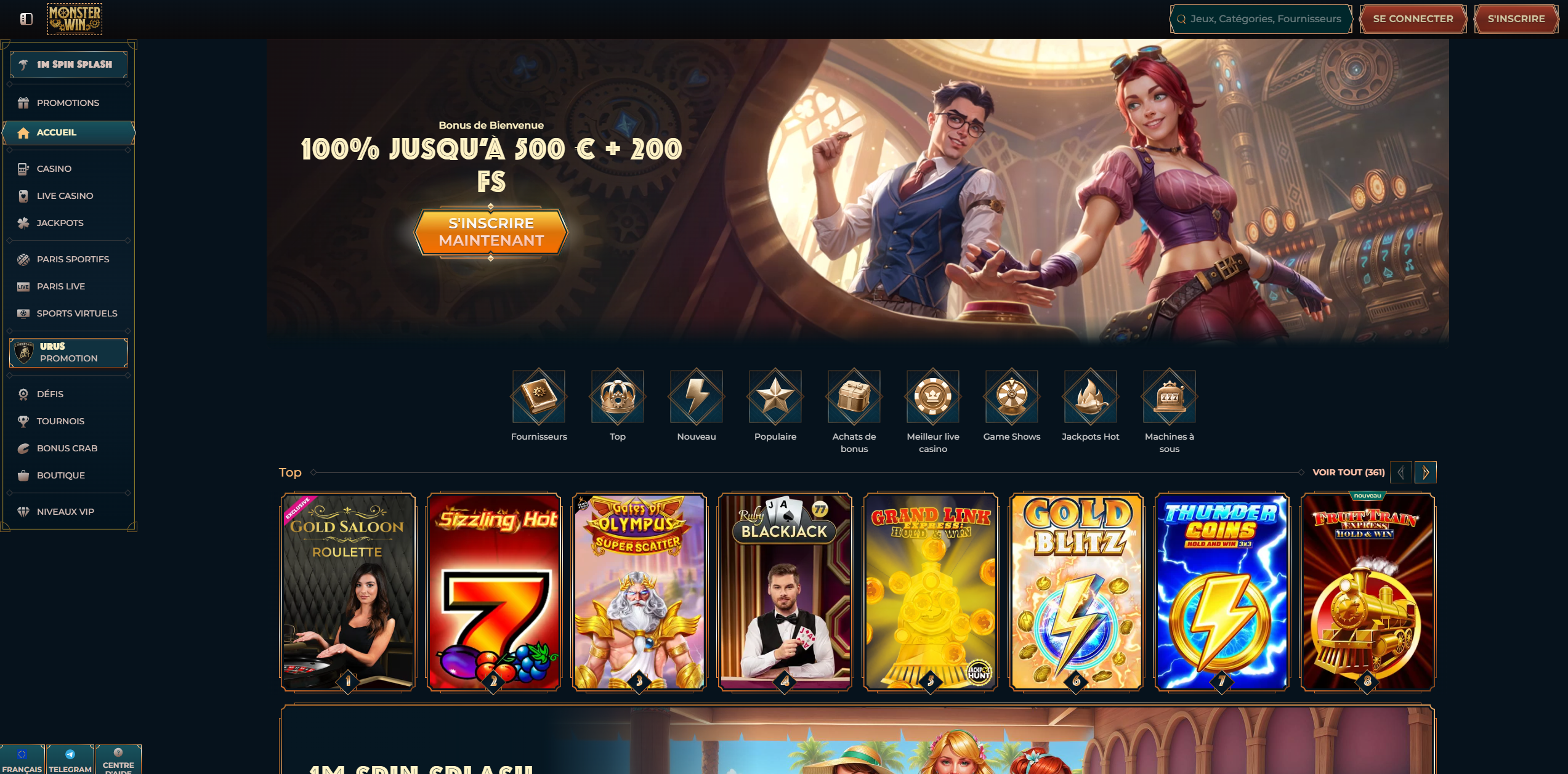 Capture d'écran de l'interface du Casino Monster Win